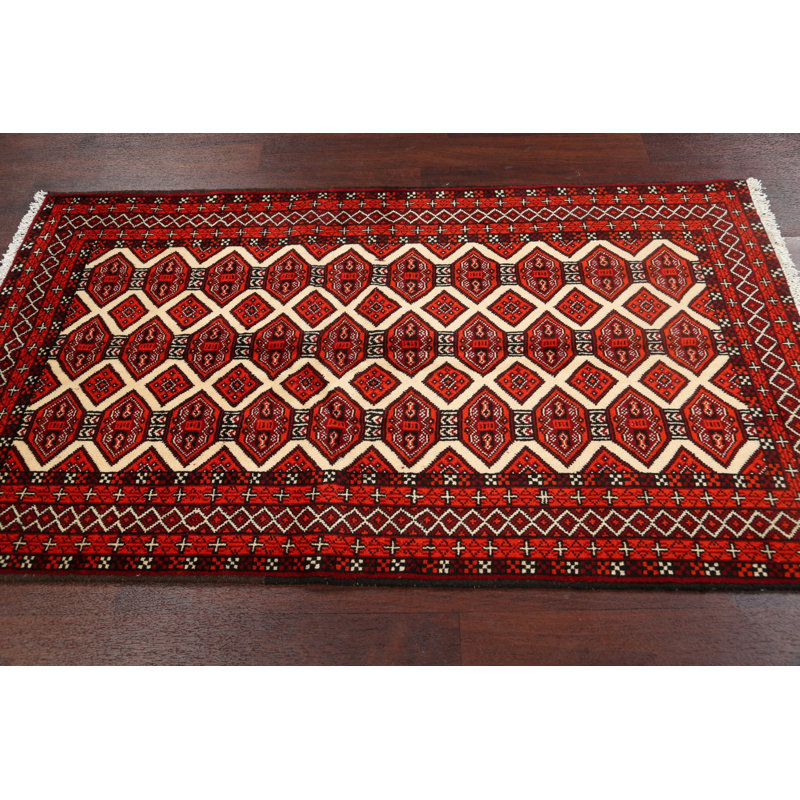 Tapis rouge en laine noué à la main de conception unique 3 pi 3 po x 5 pi 8 po Kien