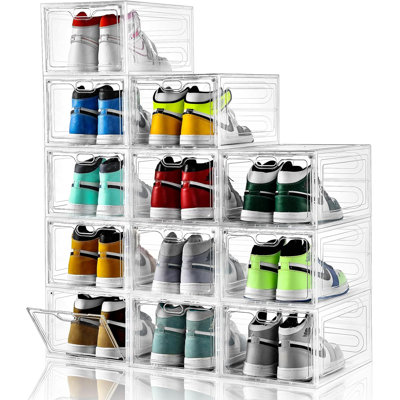 Clear Stackable Shoe Storage Box With Magnetic Door, Transparent Display Organizer For Sneakers, Easy Assembly, Heavy-Duty Plastic, Multipurpose Use