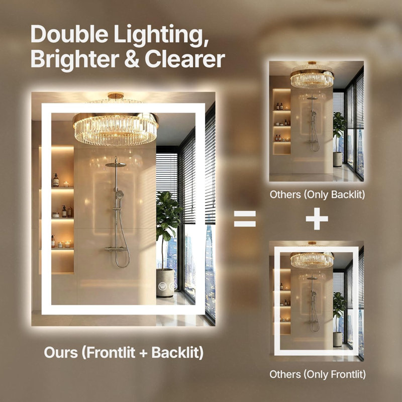 60 x 30 LED Vanity Mirror for Bathroom, Frontlit & Backlit LED Mirror for Bathroom with 3 Colour Lights, Wall Vanity Mirror with Anti-Fog, Shatterproof & Memory Function, Perfect for Modern Bathrooms