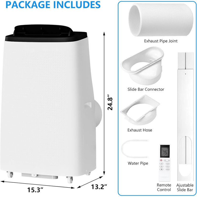 Climatiseur portatif 14 000 BTU, déshumidificateur de ventilateur 3 en 1, 750 pieds carrés, silencieux, télécommande, ensemble de fenêtre, minuterie 24H