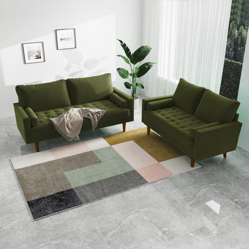 Mirei Velvet Square Arm Living Room Set, Army Green