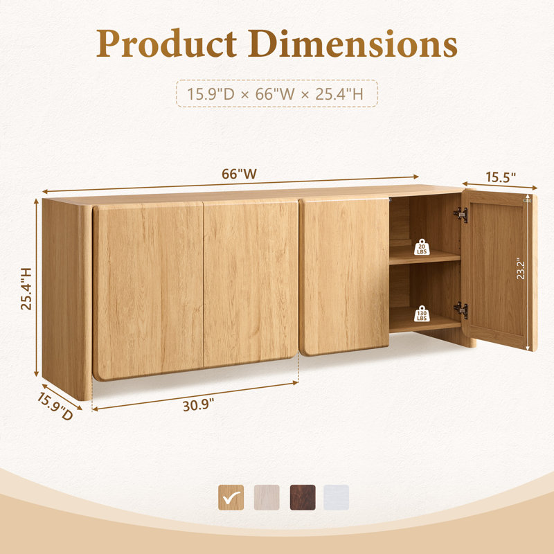 Buffet Bolanos 65 po avec 4 portes et tablettes réglables, Naturel