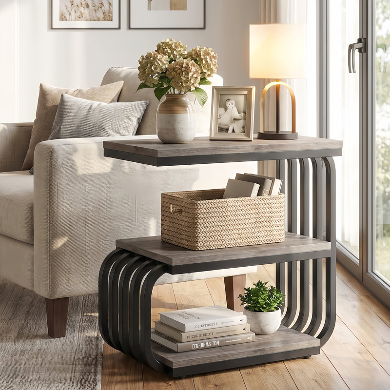 C-Shaped Side Table, 3-Tier Narrow End Table For Living Room, 1, Gray