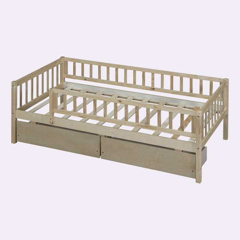 Lit de jour double en bois avec deux tiroirs, Simple, Naturel