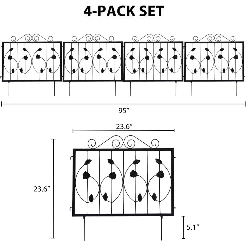 Black Metal Decorative Garden Fence Panels, 23.6'' x 7.9' - 4 Pack