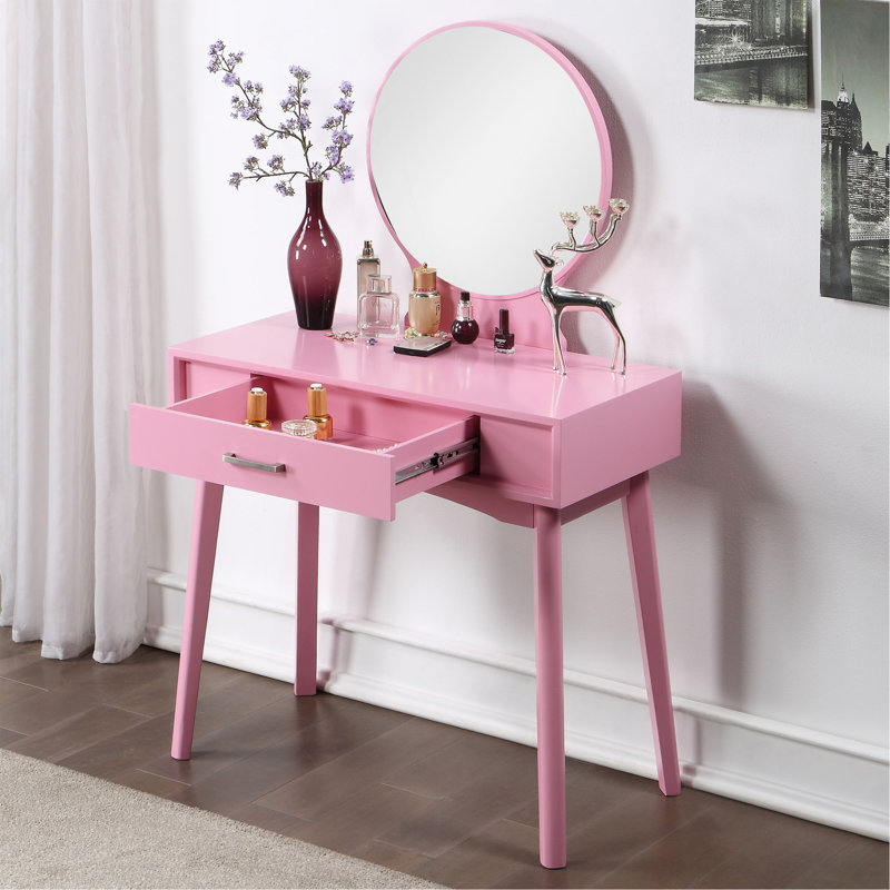 Maly Contemporary Wood Vanity And Stool Set, Pink