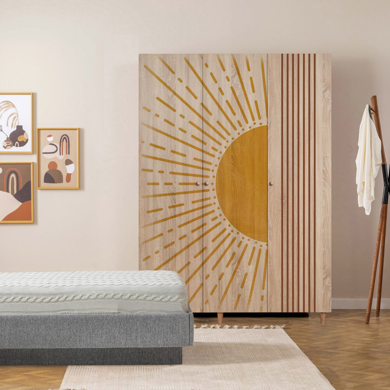 Armoire moderne Ayreanna avec de nombreuses tablettes, couleur Sonomo, 53,1 po x 75,6 po x 20,5 po | Panneau de particules 100% mélaminé, 0,7 po d'épaisseur | Pieds de charme et poignées en bois massif, finition enduite UV | Conception géométrique élégante pour les espaces contemporains