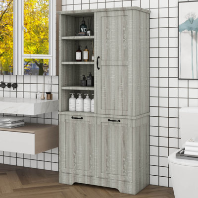 Grande armoire de rangement, armoire de rangement pour salle de bain avec portes, tablette ouverte, tablette réglable, tiroirs et panier à linge inclinable