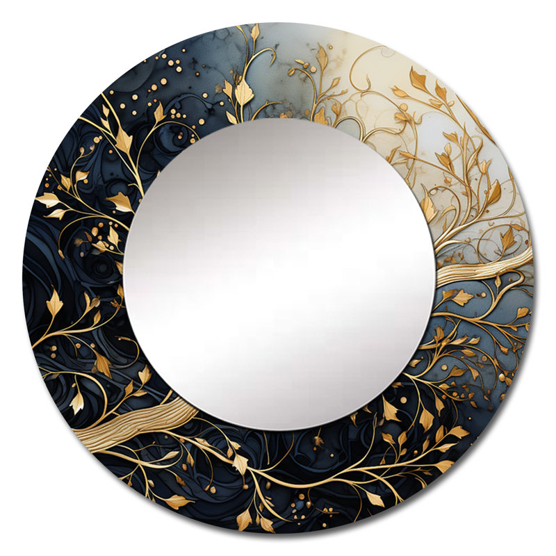 Miroir mural floral gris pâle et bleu pâle, motif arbre à branches dorées et feuilles lumineuses, style moderne, en métal imprimé.
