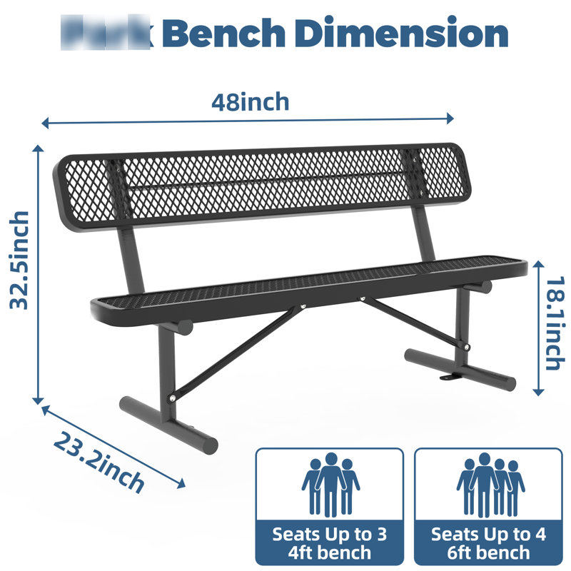 Banc métallique robuste de 1,20 m, résistant aux intempéries et à la rouille, idéal pour le jardin, la terrasse, la cour, le patio, les parcs et les centres commerciaux. Support ergonomique confortable, surface à séchage rapide et facile d'entretien. Montage facile.