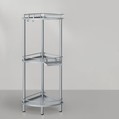 Étagère de douche en coin, organisateur de douche à 3 niveaux en acier inoxydable, tablettes de douche autoportantes avec porte-savon, pieds réglables et 2 crochets, argent