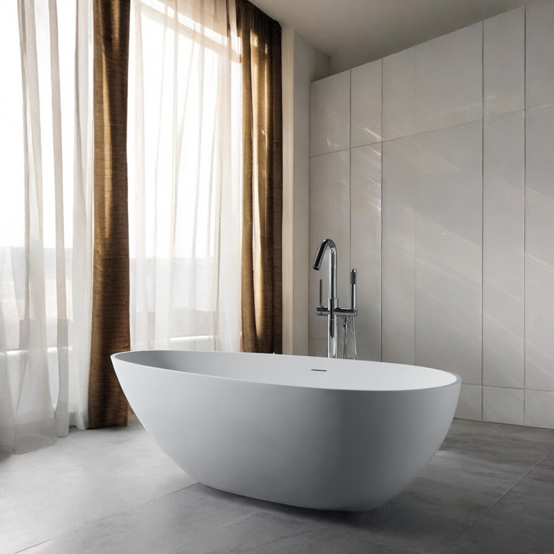 59" X 30.75" Solid Surface Stone Resin Freestanding Soaking Bathtub, Matte White