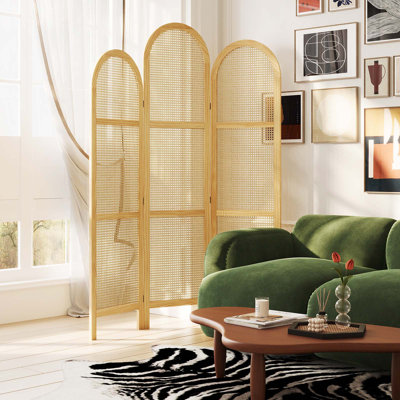 3-Panel Pine Wood Frame Room Divider with Natural Cane Design – Modern Japanese-Inspired Folding Screen