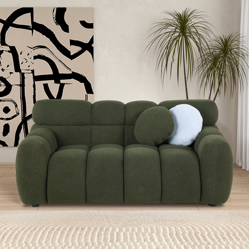 Kieayla 64.96" Modern Boucle Loveseat, Wavy Tufted Cloud Sofa with Foam and Spring Fill for Living Room, Includes 2 Pillows, Green