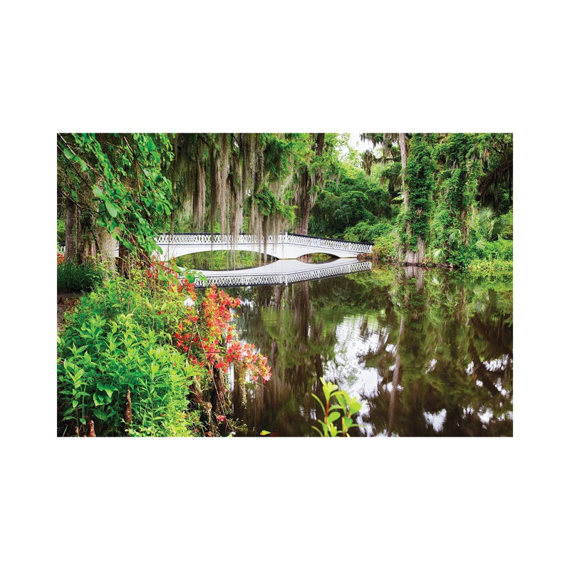 Little White Wooden Footbridge In A Lake, Magnolia Plantation, Charleston, South Carolina by George Oze - Wrapped Canvas Print