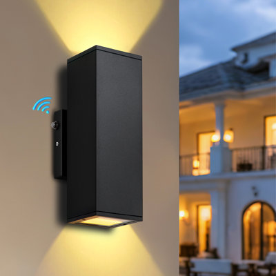 Modern Dusk To Dawn Led Outdoor Wall Light, Aluminum Rectangular Waterproof Wall Sconce Porch Light With Up Down Light And Tempered Glass 12W 2700K Wall Sconce