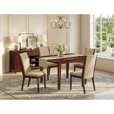 5 Piece Kitchen Table Set for 4 Includes a Rectangle Butterfly Leaf Dining Table and 4 Light Tan Linen Fabric Upholstered Chairs, Mahogany