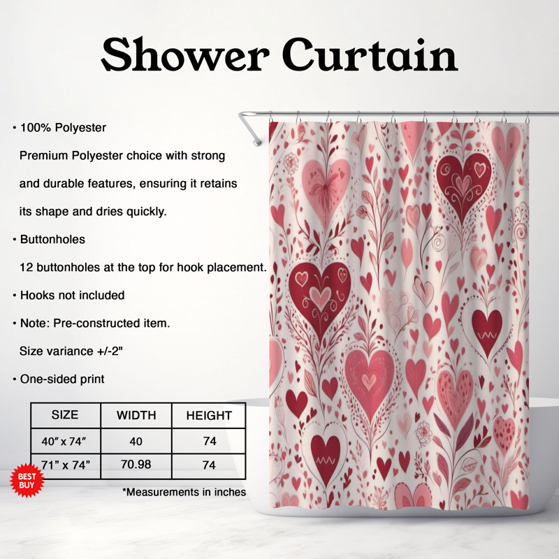 Rideau de douche standard 1 pièce Rosy Valentine's Heart, H 74 po x l 40 po