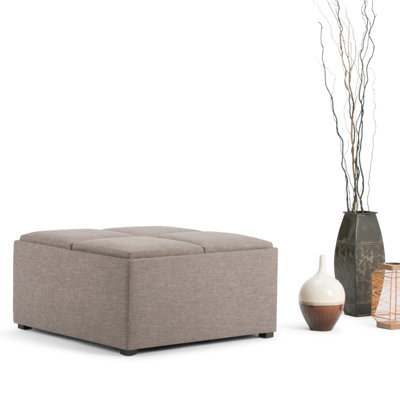Avalon 35"W Upholstered Linen-Look Fabric Modern Square Coffee Table Storage Ottoman with 4 Flip-Over Trays