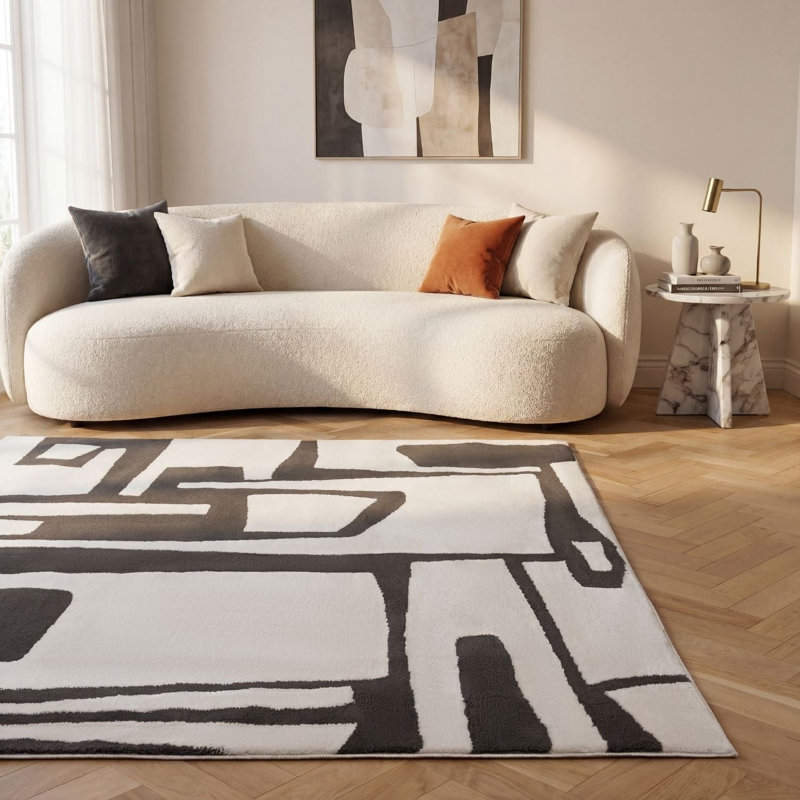 Loft Modern Abstract Living Room Area Rug and Runner Soft Pile, Rectangle 160 x 230 cm, Dark Grey/Ivory