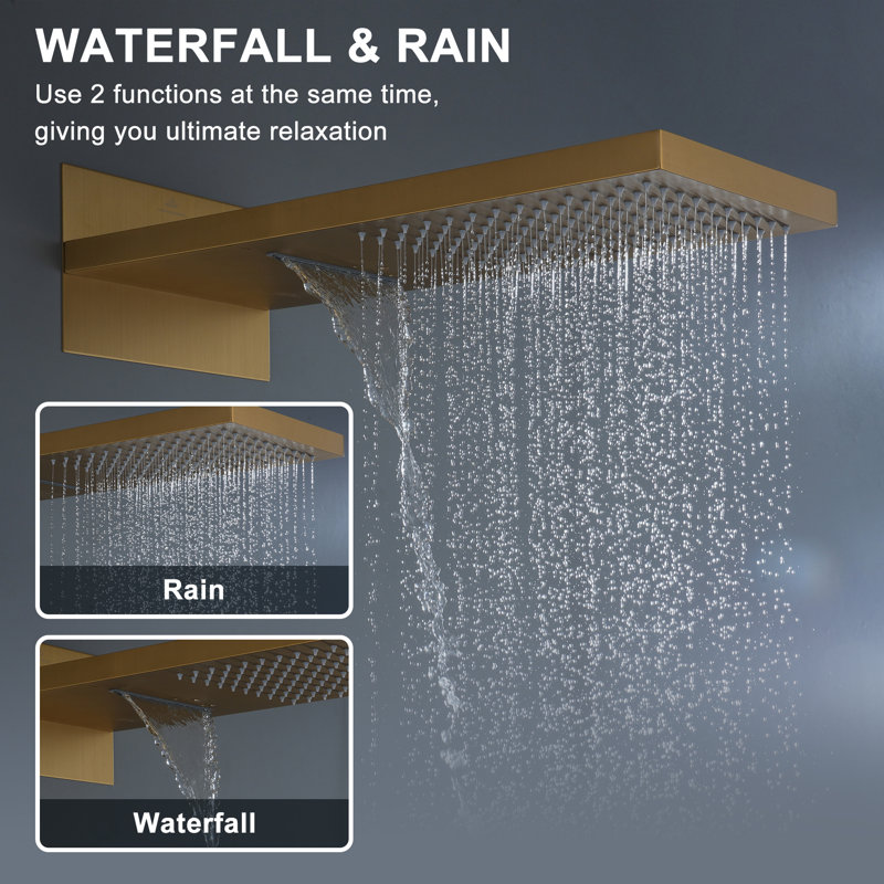 Rainier 4-Function 20 Inch Wall Mounted Rectangular Rainfall Thermostatic Shower System With 6 Body Jets, Brushed Gold