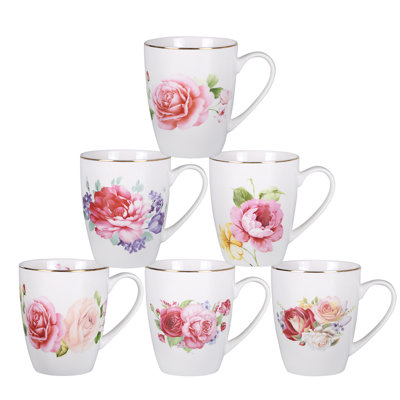 6 Pcs Coffee Mug-Porcelain Floral Tea Cup Set Rose Peony Cups Coffee Mugs For Women Latte Cups Set Of 6