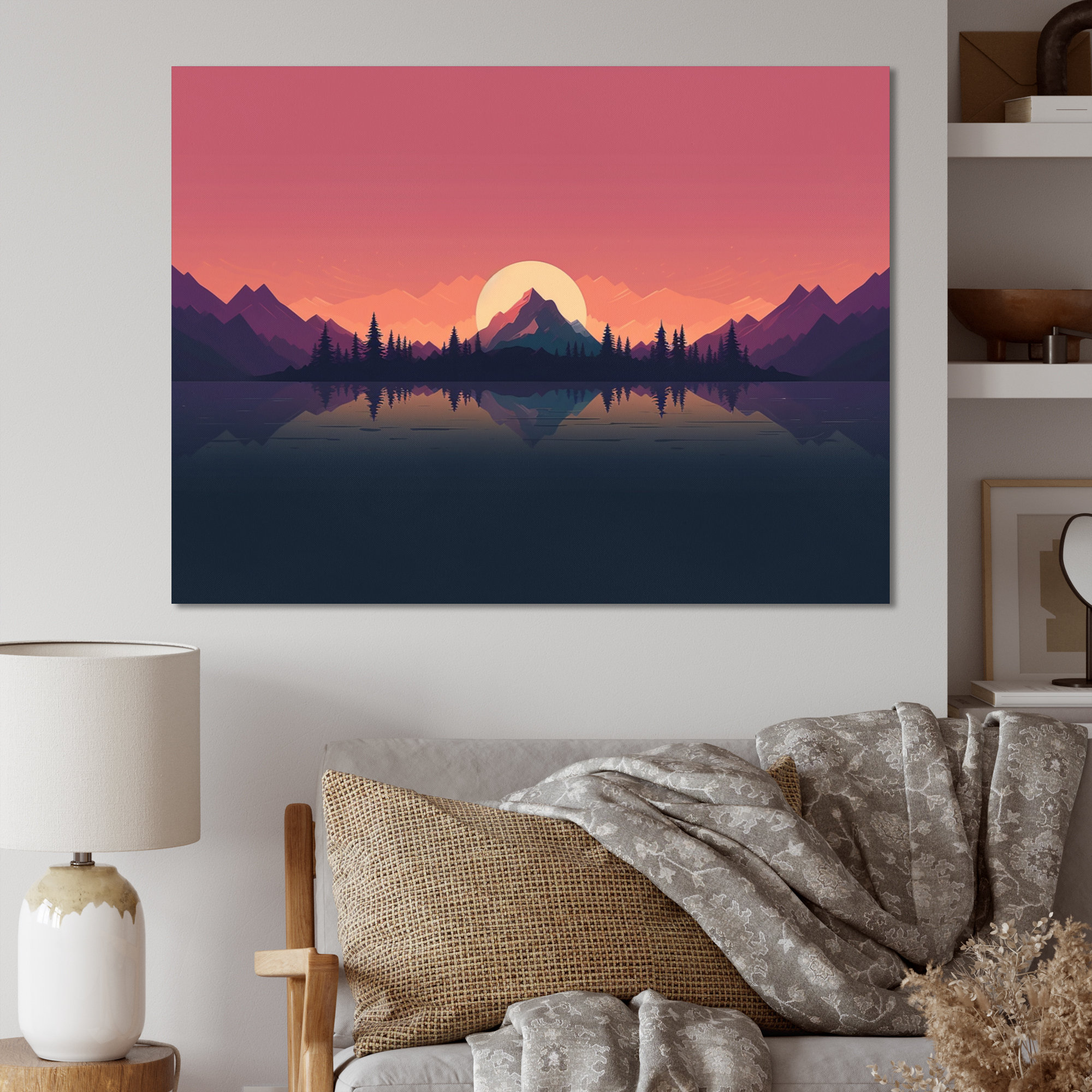 Minimalist Sunset Over Mountain Landscape 16 in x 32 in Painting Canvas Art Print, by Designart