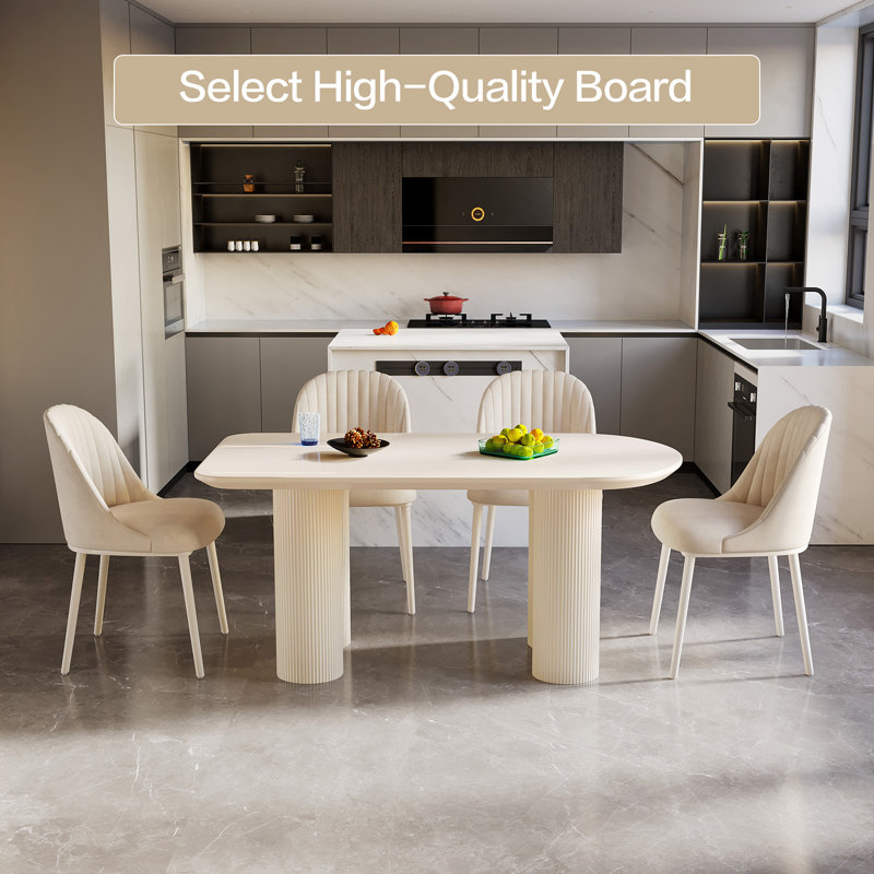 Cream Oval Dining Table Set with 6 Plush Accent Chairs