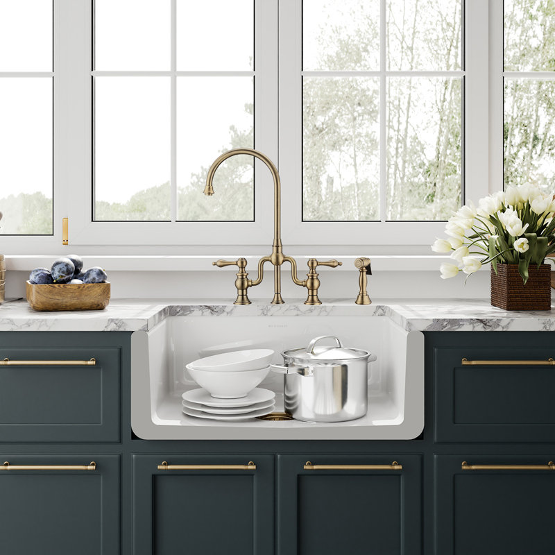 Whitehaus Collection Reversible Fireclay Kitchen Sink with Grid: Three Edge Frame, Plain Front Apron, 10" H x 27" L x 18" W