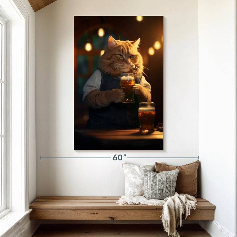 Brampt Orange Tabby Cat Drinking Beer, 51" H x 34" W
