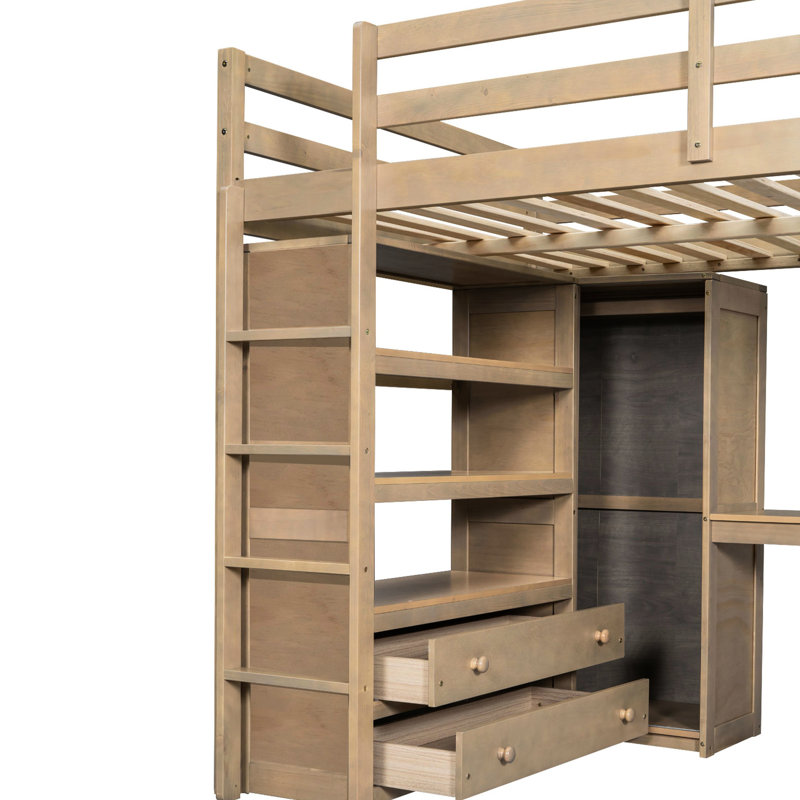 Lit mezzanine double en bois de noyer avec bureau intégré, garde-robe, rangement et 2 tiroirs, sans sommier, garde-corps en bois, tablettes