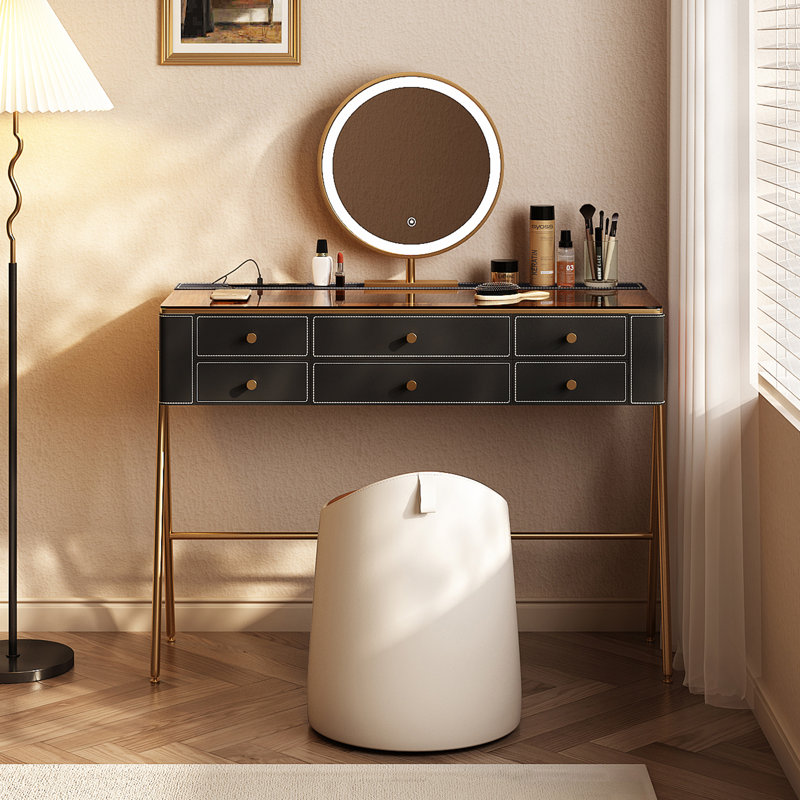 High-quality makeup vanity,Saddle Grain Faux Leather Finish, Tempered Glass top,LED mirror,Built-in Outlet,6 Drawers,very easy to assemble