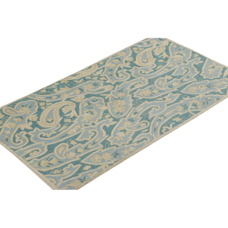 Rug & Kilim’S Contemporary Chain Stitch Rug In Blue With Cream Floral Patterns