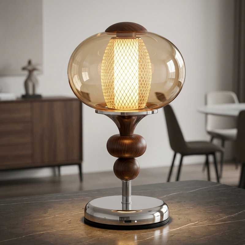 Vintage Cordless Bauhaus Table Lamp with Amber Glasas Lampshade