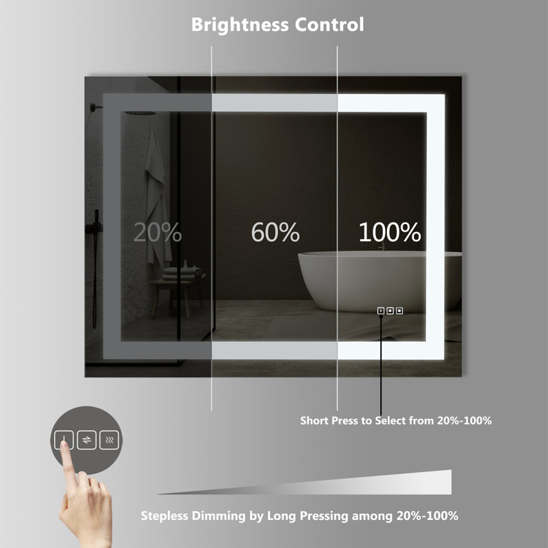 Miroir de salle de bain rectangulaire moderne sans cadre à DEL avec désembueur, 32 po x 40 po