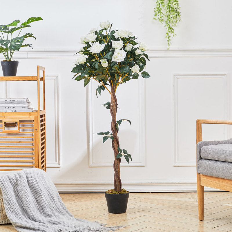 Faux Rose Tree in Pot, 47.2" H x 6.3" W x 4.5" D, White