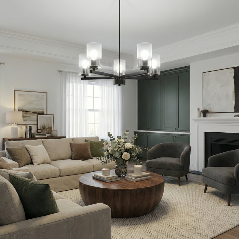 Renley 5-Light 26'' Dimmable Modern/Traditional Chandelier For Dining Room.Features Clear Glass., Matte Black