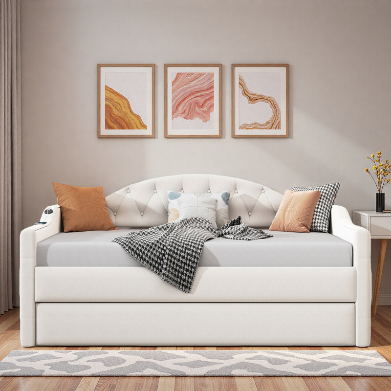 Upholstered Daybed With Trundle, Charging Station And Button Tufted Design, Beige