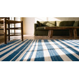 Early 20th Century Blue White Stripes Antique Indian Cotton Dhurrie Flatweave Rug