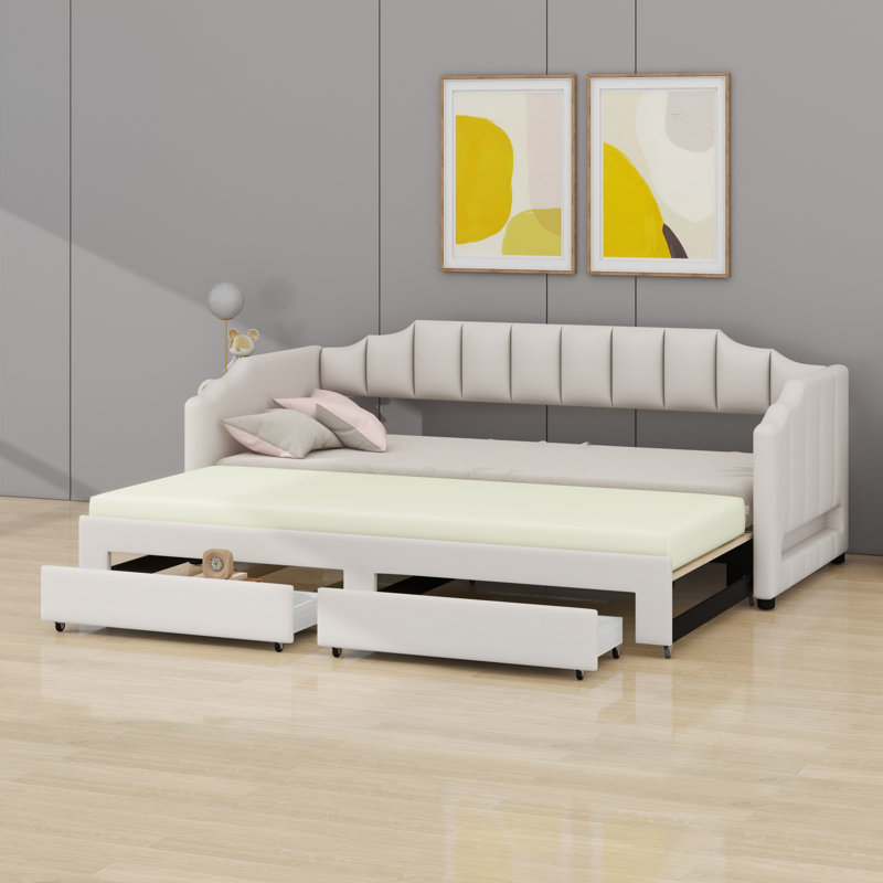 Extendable Upholstered Daybed With Storage Drawers And LED Light, Beige