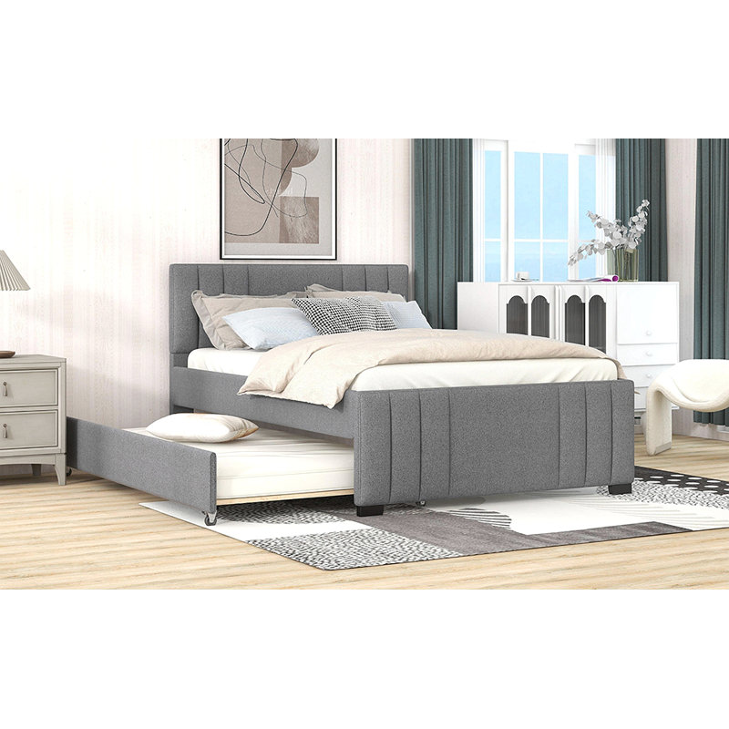 Lit plateforme double tapissier avec gigogne gris
