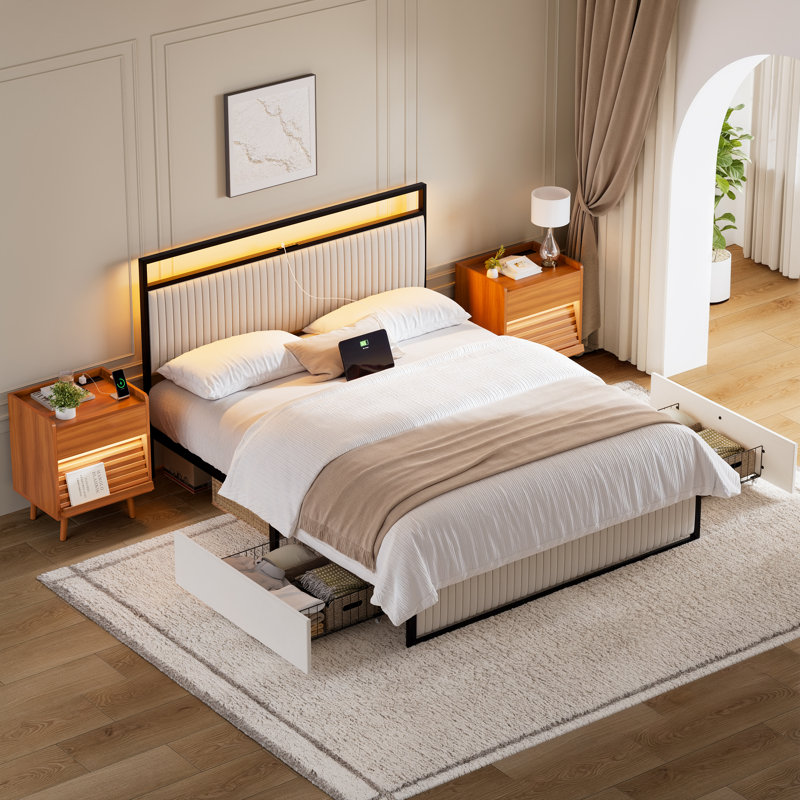 Ensemble de chambre à coucher 3 pièces Grise, lit tapissier avec 2 tiroirs et 2 tables de chevet inclinées, Beige/Caramel