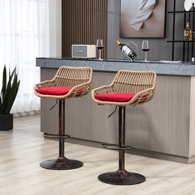 Tabouret de bar rouge à hauteur de comptoir de 2, réglable avec repose-pieds pour la cuisine et la salle à manger, base en métal, capacité de poids de 250 lb, siège rembourré en lin