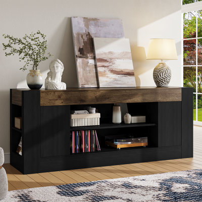 Meuble télé 70 po Thick Wood Design Modern, centre de divertissement pour téléviseur de 80 po ou moins avec rangement ouvert et armoires latérales