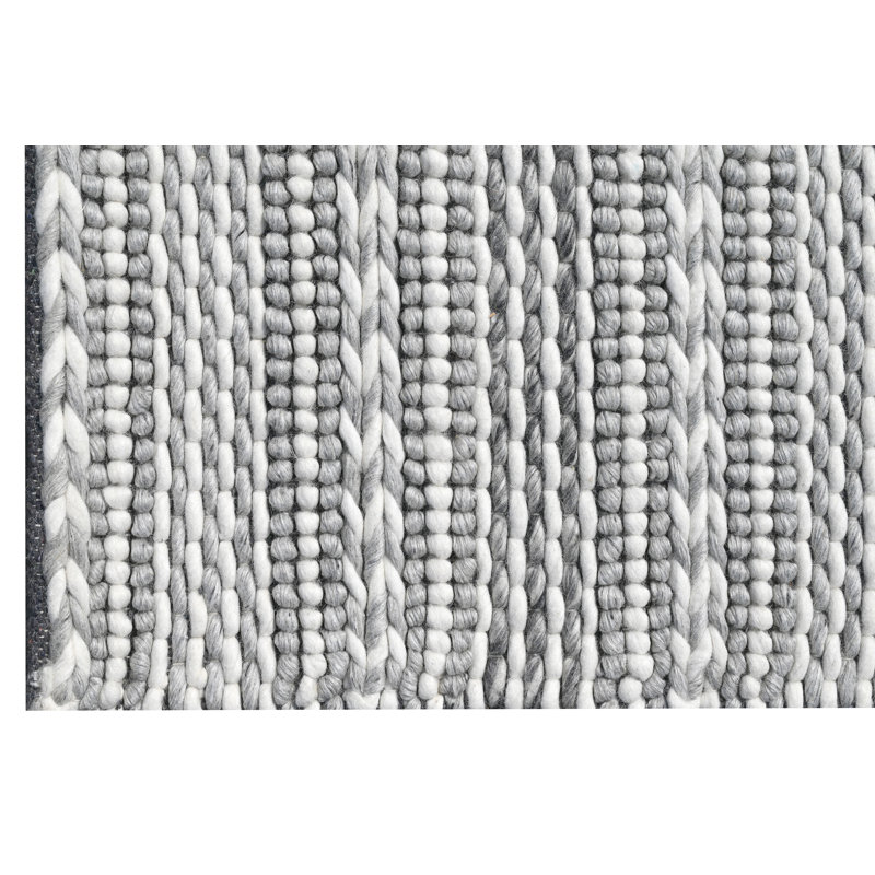Tapis rayé en laine fabriqué à la main gris / blanc Jovany, Rectangle 5 pi x 7 pi