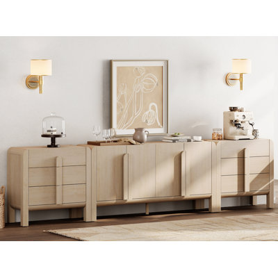 Buffet 3 pièces avec rangement Adora, crédence en bois de style Mid-Century moderne de 126 po avec portes et tablettes réglables pour la cuisine et le salon