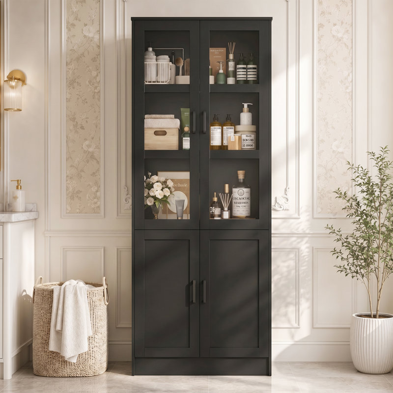79.7'' H Bathroom Cabinet With Adjustable Shelves, Wood Storage Bathroom Cabinet With Glass Doors, BLACK