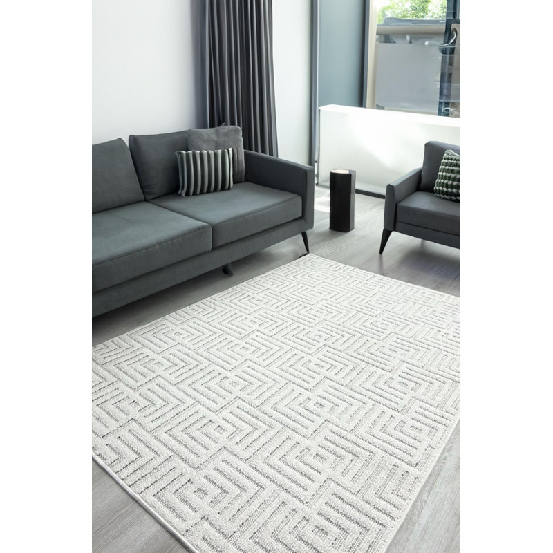 Shevonda White Geometric Shapes Machine Made Cotton Polyester Non-Slip Area Rug, Rectangle 2 pi 7 po x 4 pi 7 po