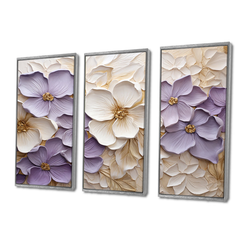 Violet et blanc, minimalisme, violettes - ensemble d'art sur toile, H 40 po x l 60 po x P 1 po, Cadre argenté flottant