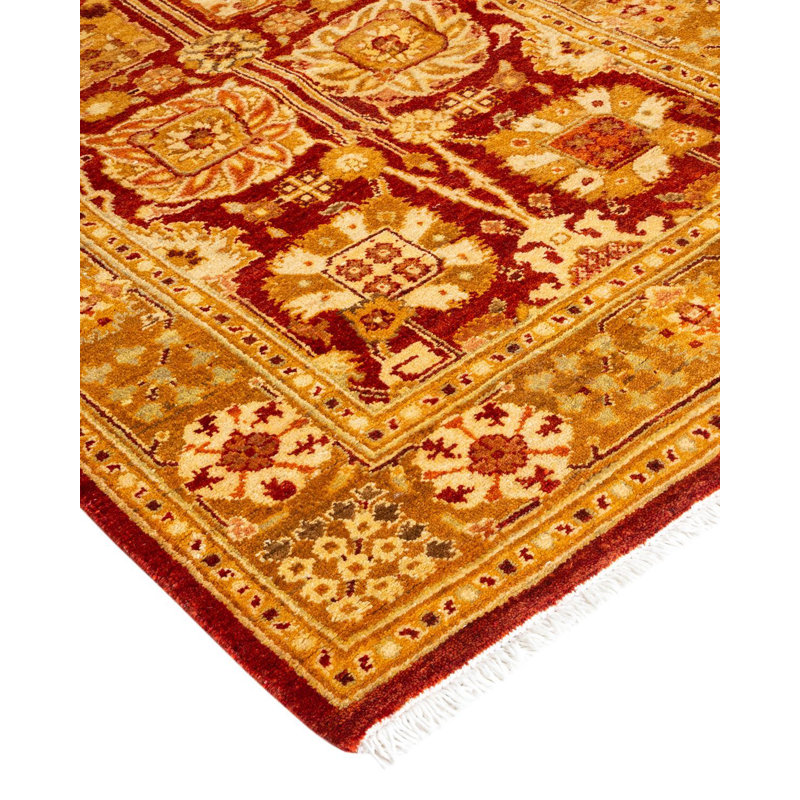 Tapis rouge noué à la main Yashvi, unique en son genre